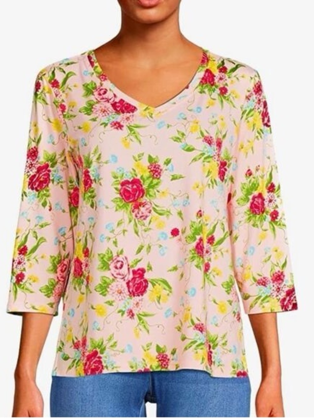 THE PIONEER WOMEN | Cottage-core Pink Floral V-Neck Top with Bright Floral Print